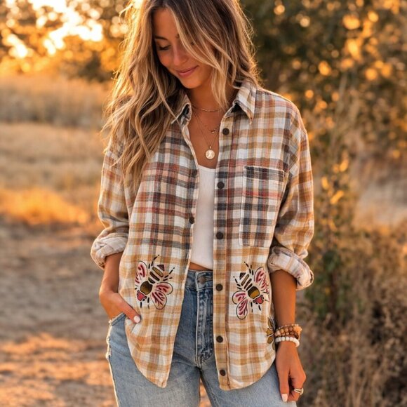 Handmade Tops - Upcycled Hand Painted Bees Hibiscus Hand Flannel Shirt - Bleached Brown XL Unise